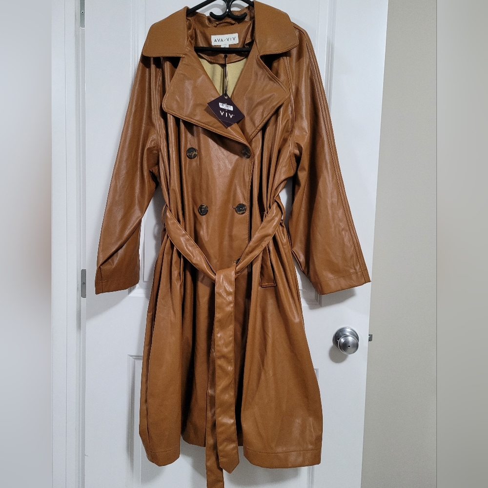 Ava & Viv Belted Trench Coat, Vegan Leather, Fitted, 2X-3X, Double Breasted